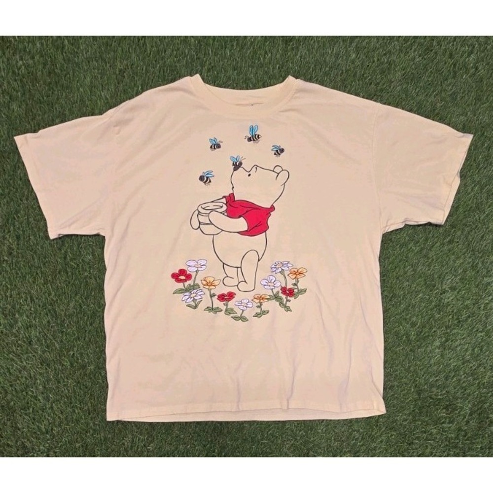 Disney Winnie the Pooh T-Shirt XL Yellow Embroidered Flowers Bees Honey Pot